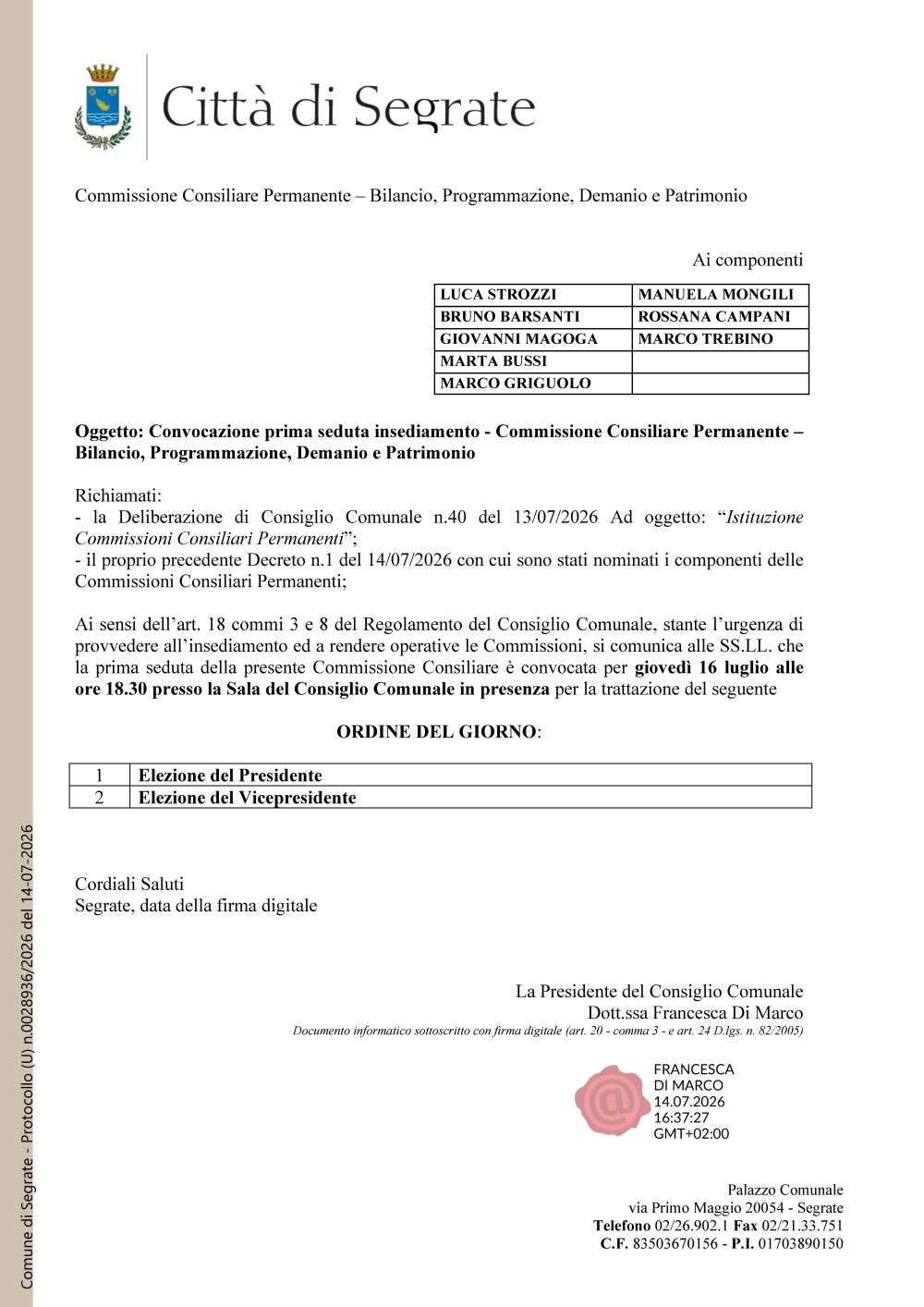 16 luglio 2026 – convocazione della commissione Bilancio, Programmazione, Demanio e Patrimonio