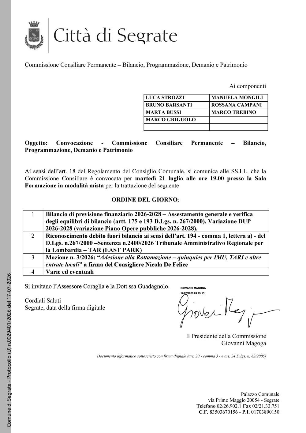 21 luglio 2026 – convocazione della commissione Bilancio, Programmazione, Demanio e Patrimonio