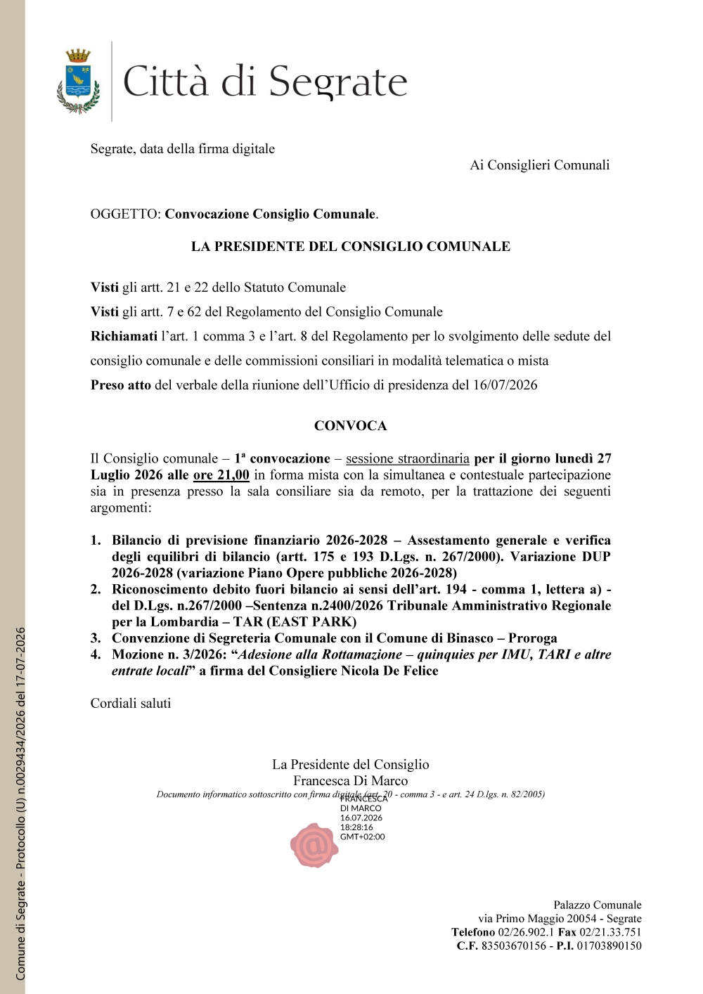 27 luglio 2026 – convocazione del Consiglio comunale