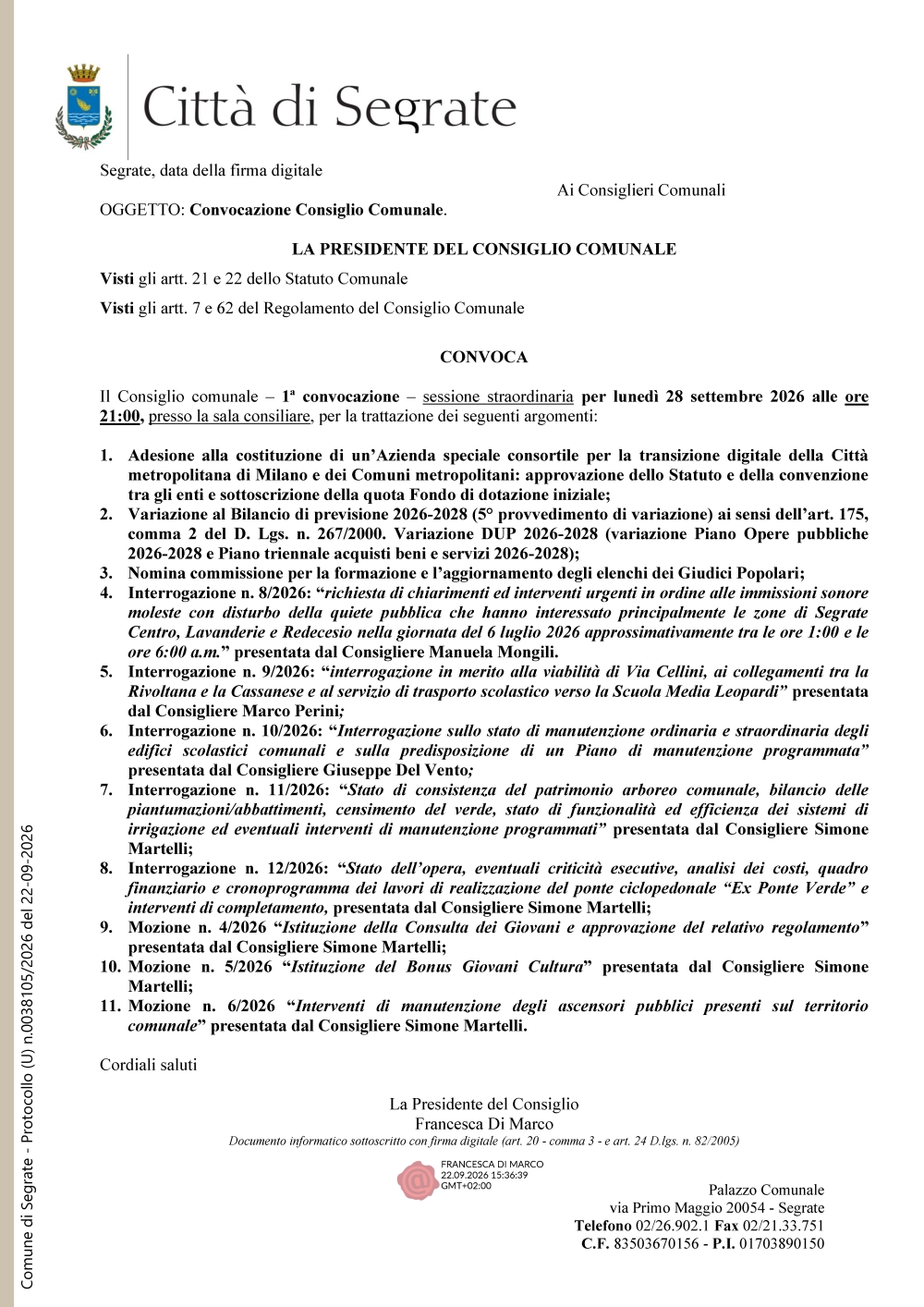28 settembre 2026 – convocazione del Consiglio comunale