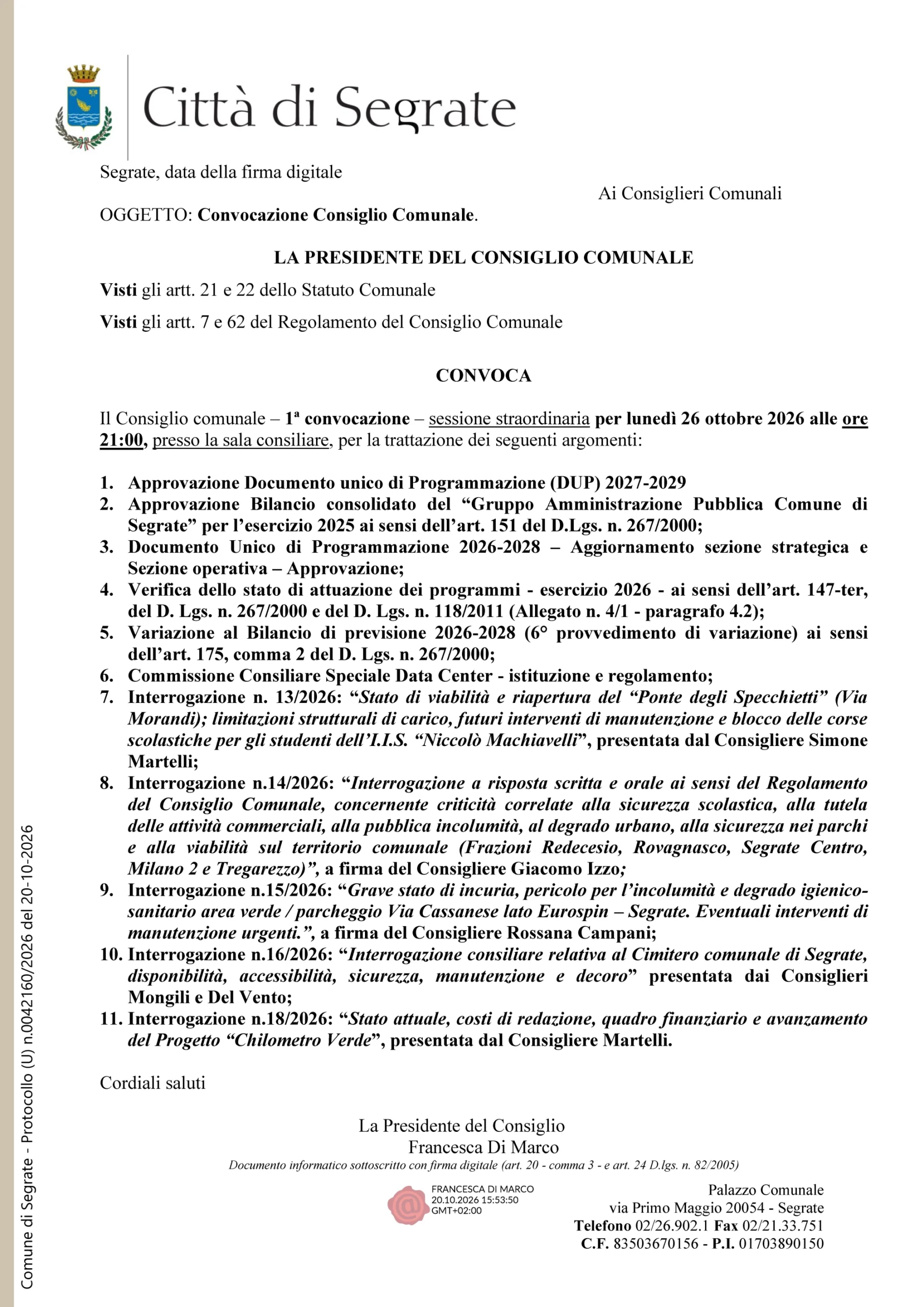 26 ottobre 2026 – convocazione del Consiglio comunale